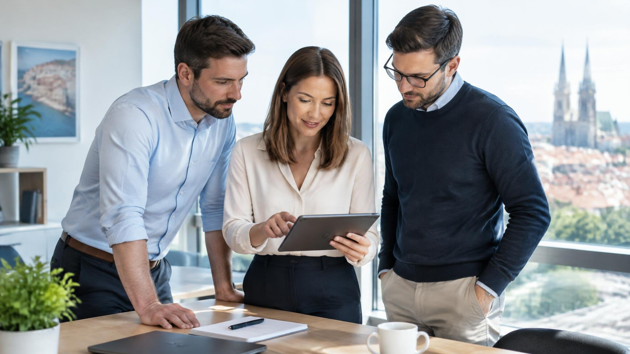 Small team discussing technology on a tablet in a bright office