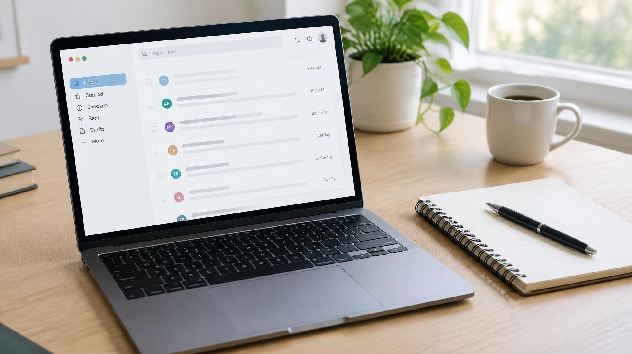 Laptop displaying an open email inbox on a desk