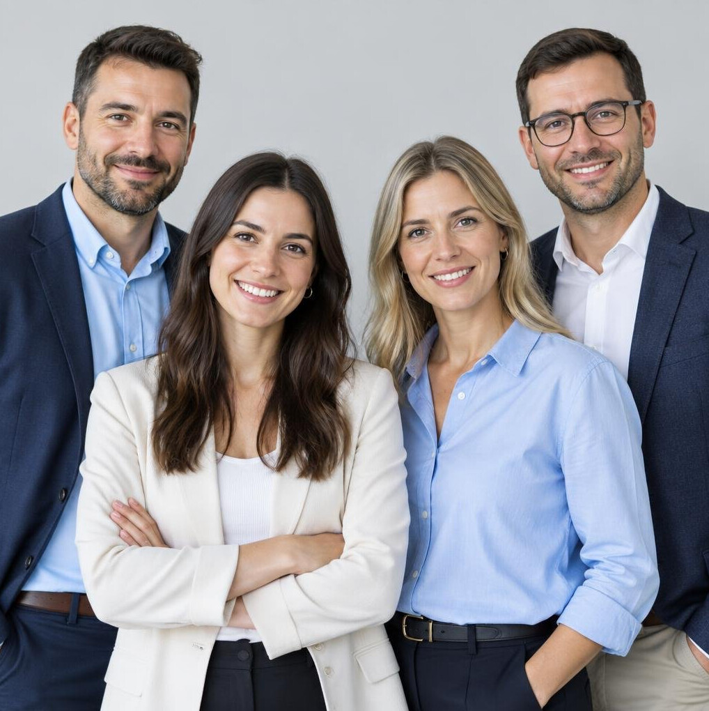 Group portrait of four professionals smiling together